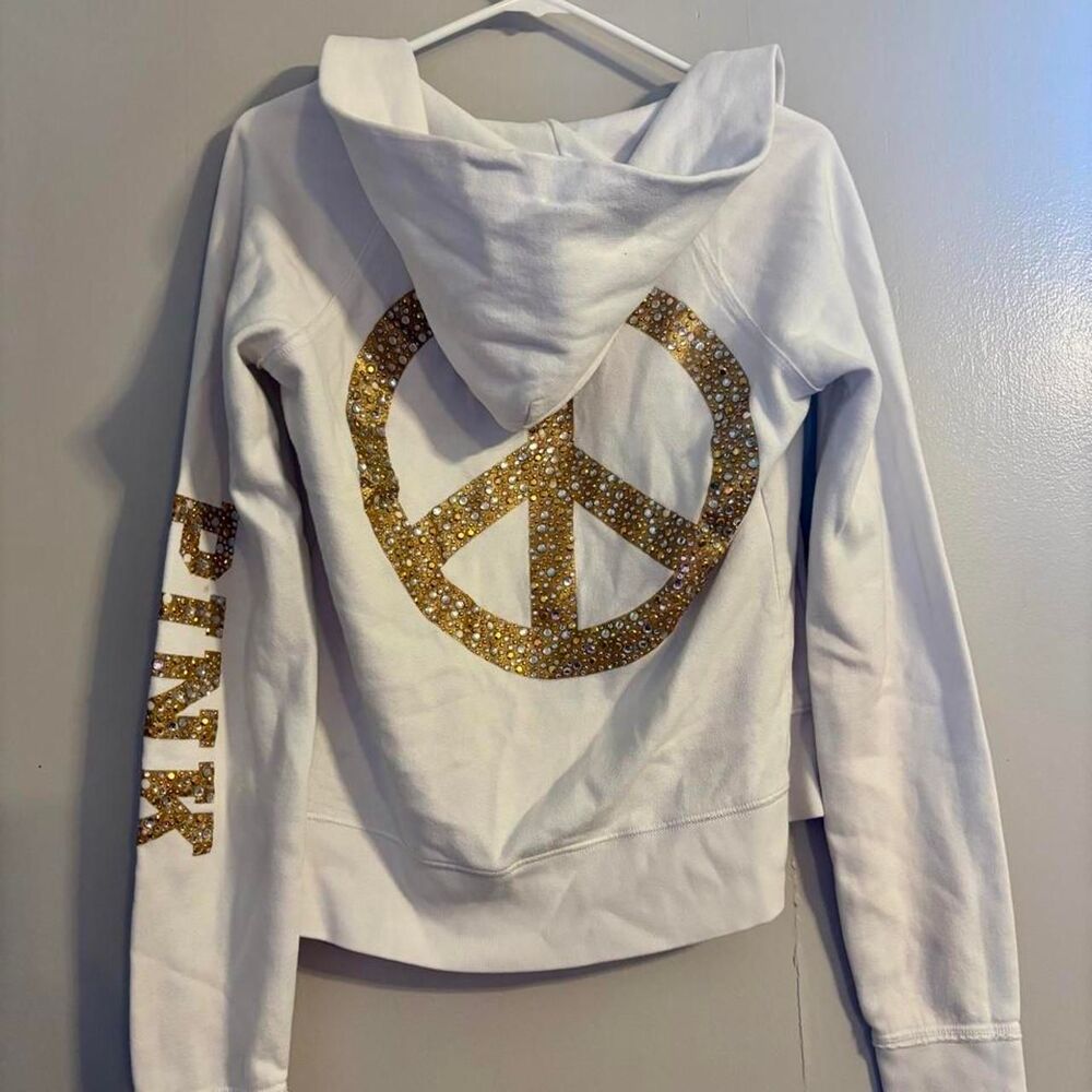 Y2K Victoria’s Secret PINK White Gold Rhinestone Peace Sign Zip Up Hoodie Size M